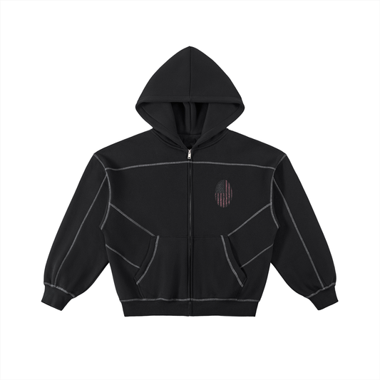 "Leave a Mark" Contrast-Stitched Boxy Fleece Zip Hoodie ODMPOD